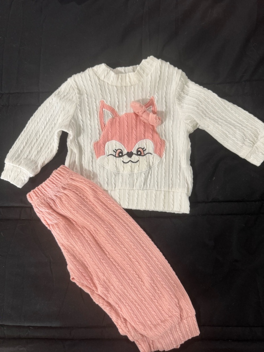 White and Pink Fox Cable Knit Matching Set